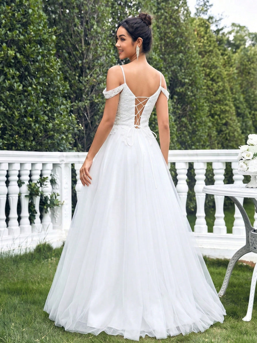 A-Line Lace Beaded Tulle Wedding Dress, Spaghetti Strap Formal Evening Gown White Spring - image 5