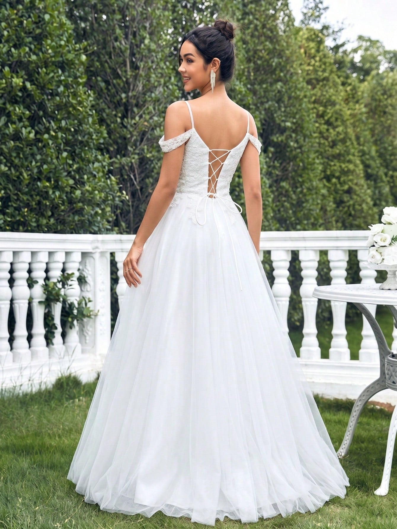 A-Line Lace Beaded Tulle Wedding Dress, Spaghetti Strap Formal Evening Gown White Spring - image 5