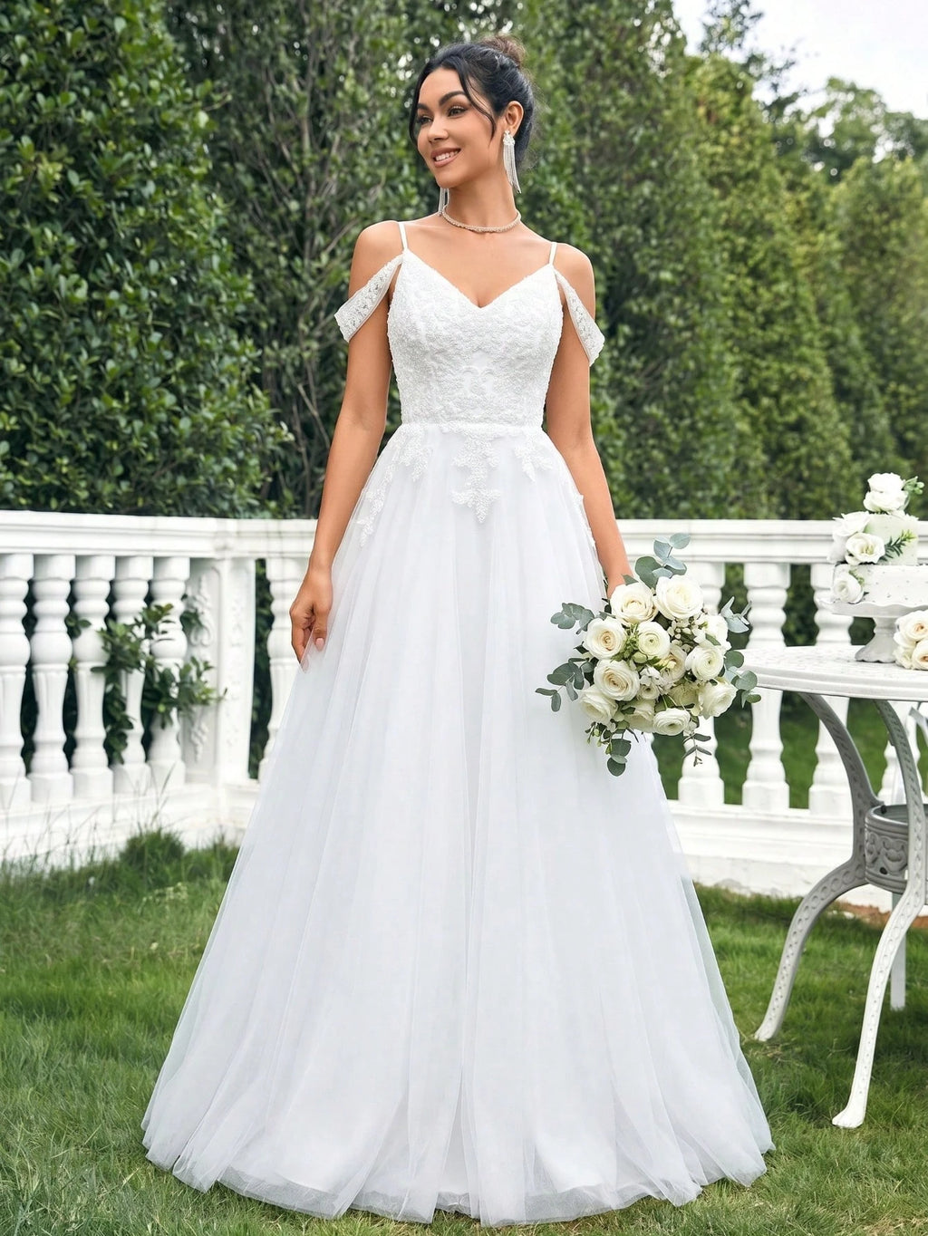 A-Line Lace Beaded Tulle Wedding Dress, Spaghetti Strap Formal Evening Gown White Spring - image 6