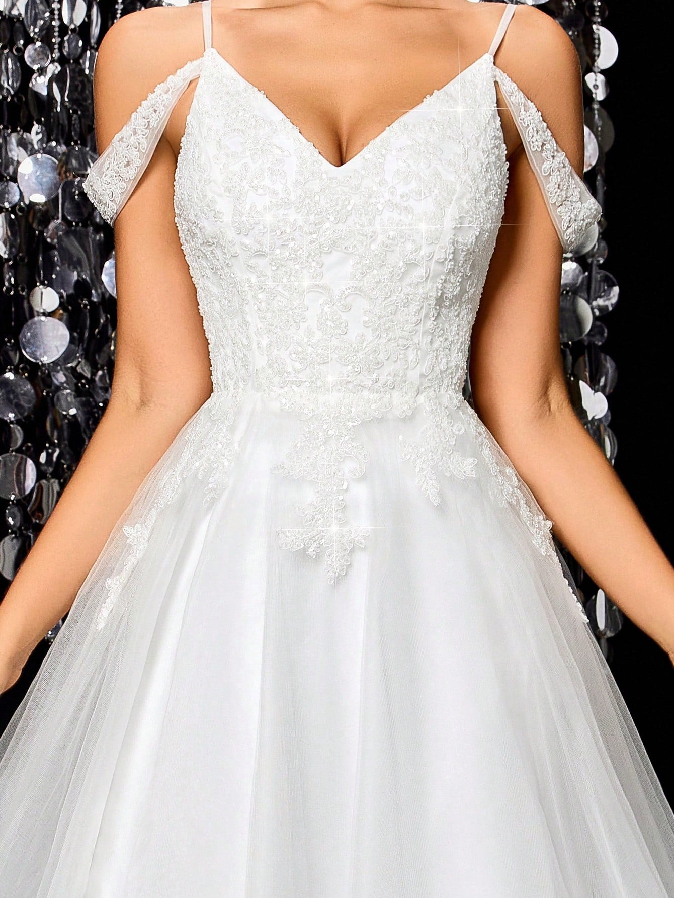 A-Line Lace Beaded Tulle Wedding Dress, Spaghetti Strap Formal Evening Gown White Spring - image 7