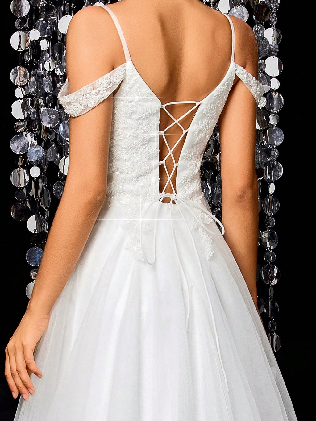 A-Line Lace Beaded Tulle Wedding Dress, Spaghetti Strap Formal Evening Gown White Spring - image 8