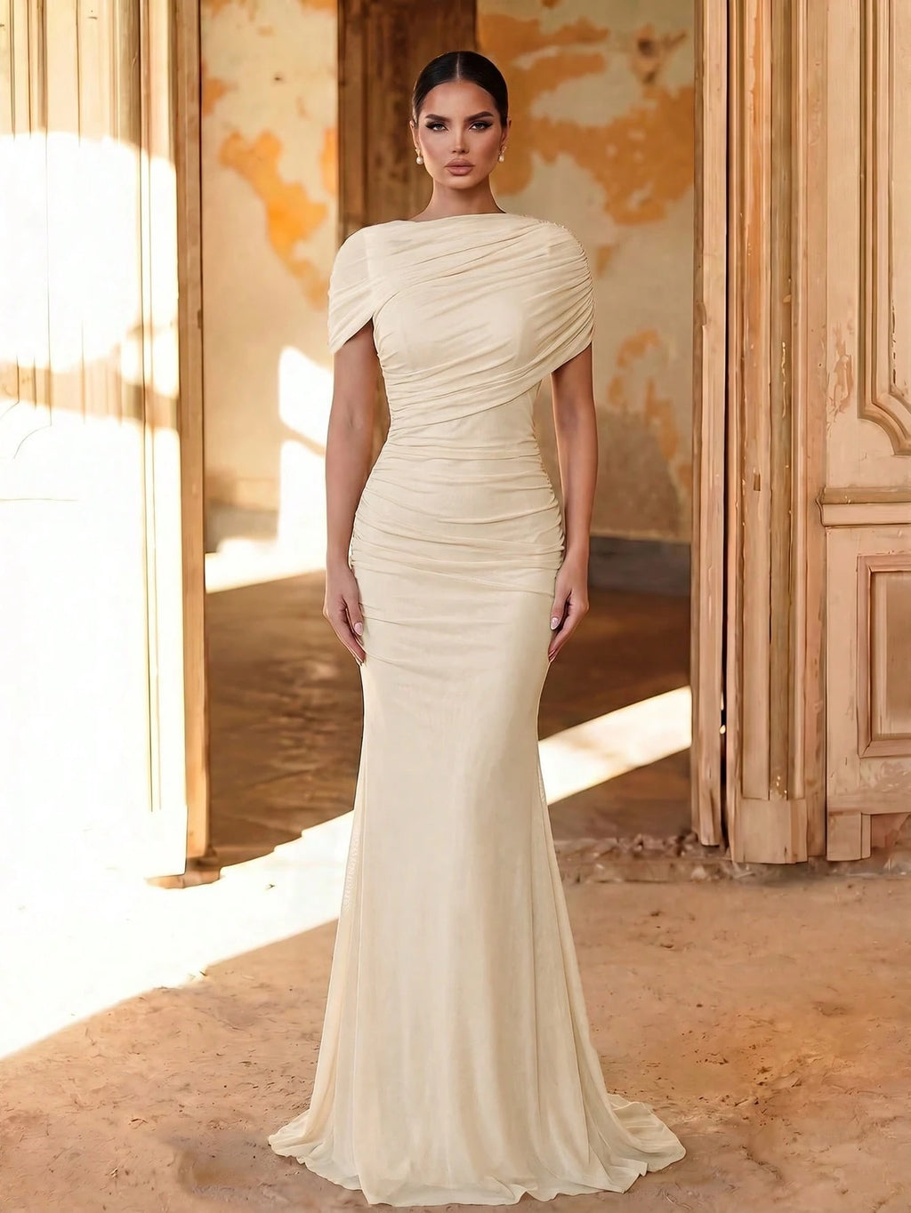 Aureia Elegant Chiffon Overlay Ruffle Decor Fishtail Bridesmaid Dress
