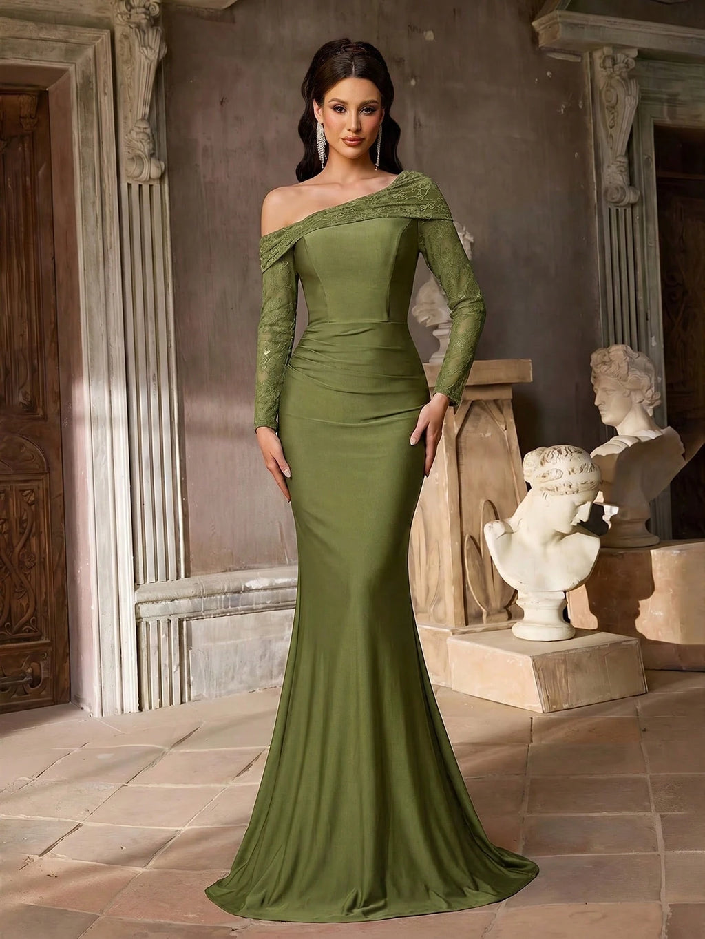 Aureia Olive Green Winter Elegant Formal Prom French Lace Embroidery Sheer Long Sleeve V-Neck Ruched Waist