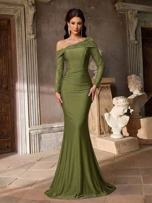 Aureia Olive Green Winter Elegant Formal Prom French Lace Embroidery Sheer Long Sleeve V-Neck Ruched Waist