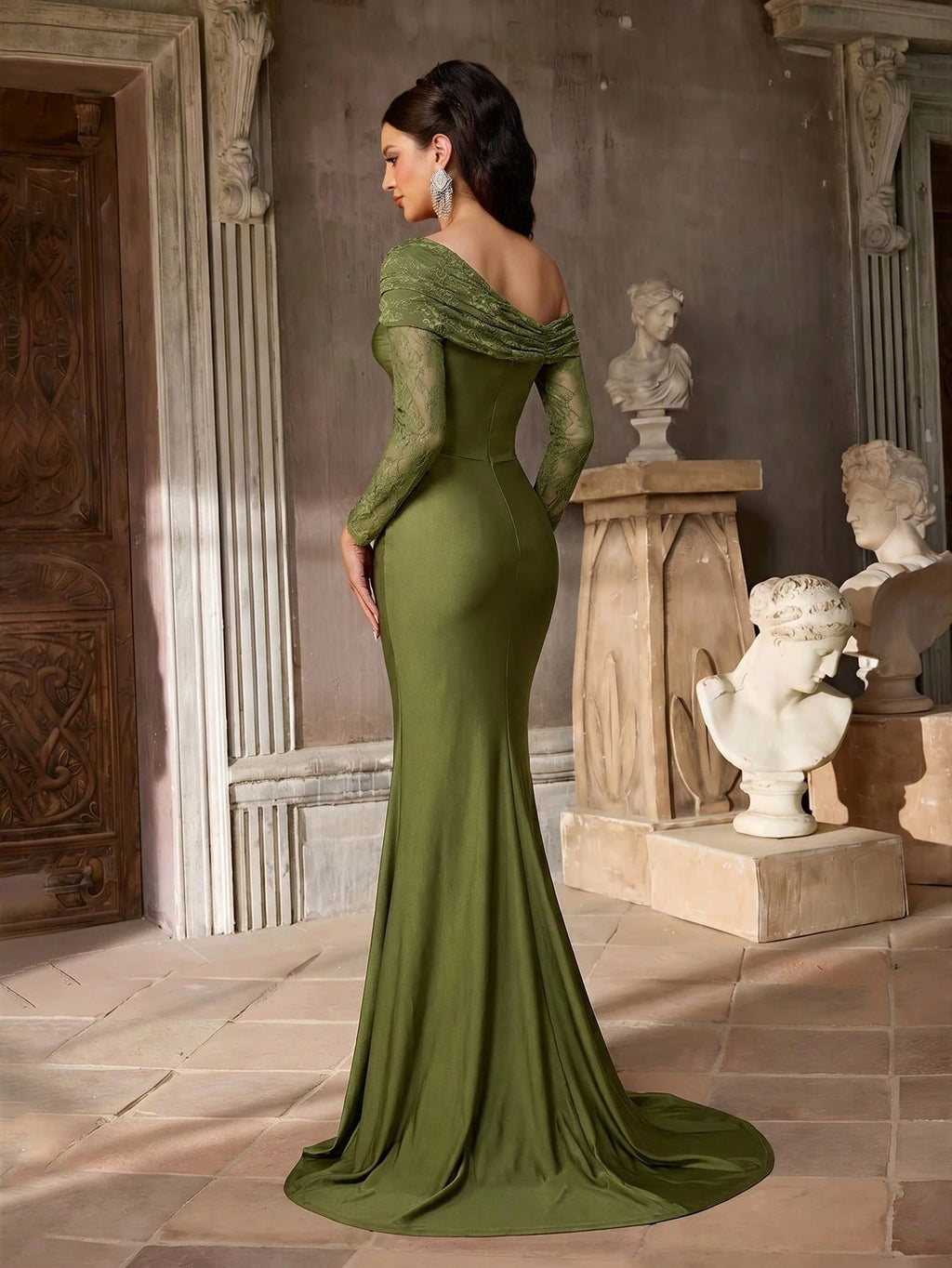 Aureia Olive Green Winter Elegant Formal Prom French Lace Embroidery Sheer Long Sleeve V-Neck Ruched Waist - image 2