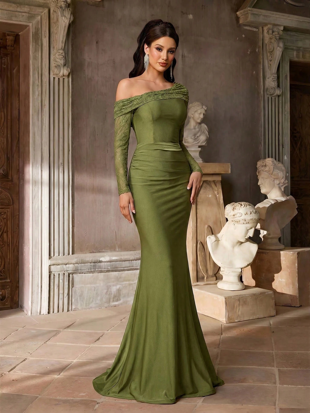 Aureia Olive Green Winter Elegant Formal Prom French Lace Embroidery Sheer Long Sleeve V-Neck Ruched Waist - image 4