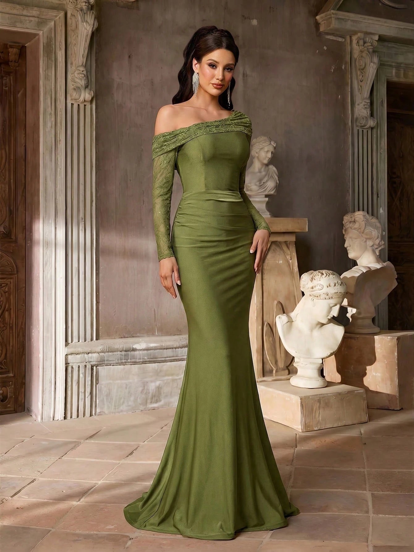 Aureia Olive Green Winter Elegant Formal Prom French Lace Embroidery Sheer Long Sleeve V-Neck Ruched Waist - image 4