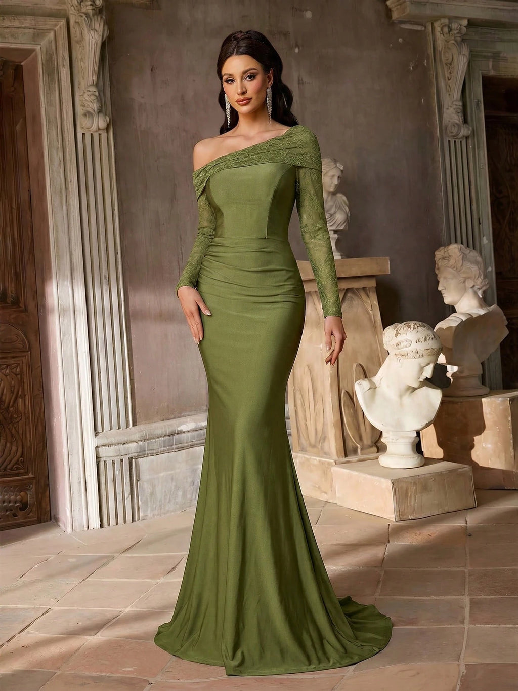 Aureia Olive Green Winter Elegant Formal Prom French Lace Embroidery Sheer Long Sleeve V-Neck Ruched Waist - image 5