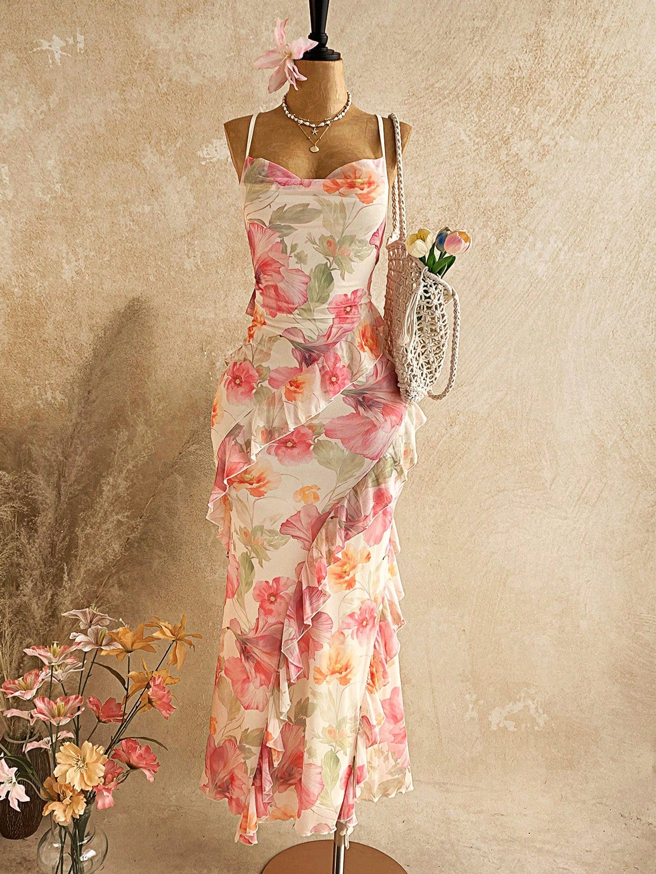 Soleia Women's Colorful Vintage Floral Print Draped Neck Layered