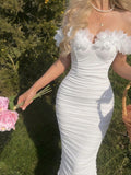 MOD Women's Elegant White Summer Bridal Wedding Guest Dress,3D Floral