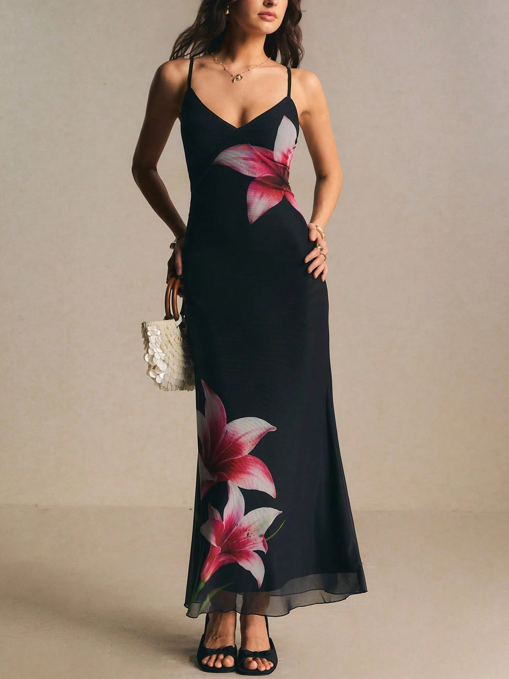 Poéselle Floral Spaghetti Strap Maxi Dress Black Floral V Neck Summer Wedding For Women Print Fitted Long - image 6