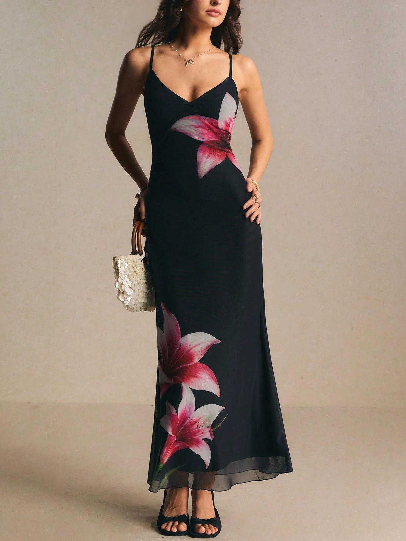 Poéselle Floral Spaghetti Strap Maxi Dress Black Floral V Neck Summer Wedding For Women Print Fitted Long - image 6