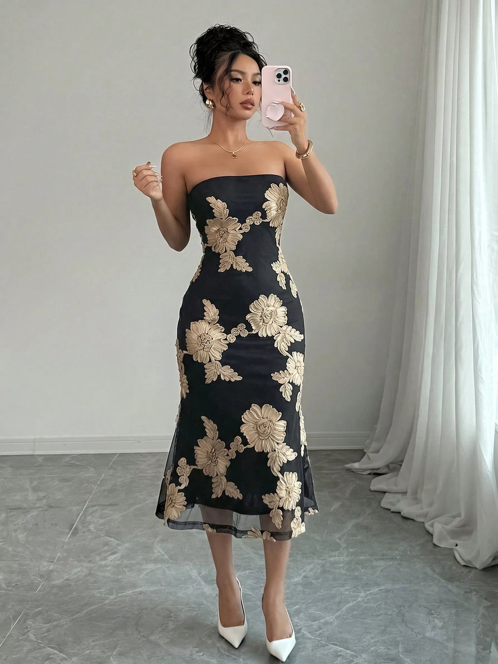 Rafferiza Vacation Style Mesh 3D Floral Strapless Dress For Women