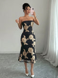 Rafferiza Vacation Style Mesh 3D Floral Strapless Dress For Women