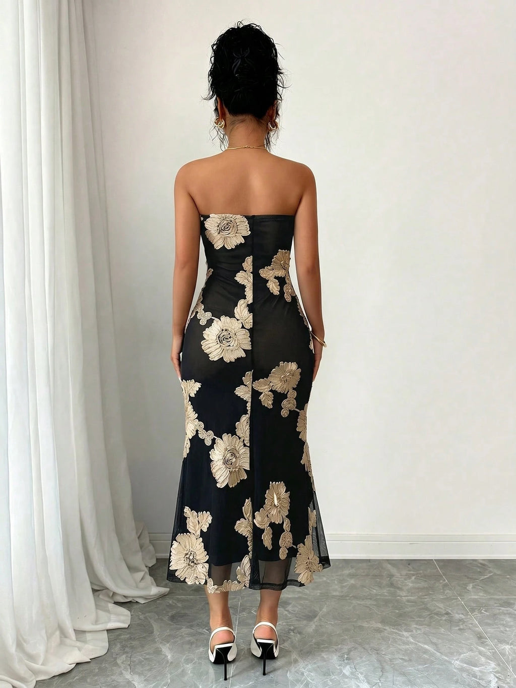 Rafferiza Vacation Style Mesh 3D Floral Strapless Dress For Women