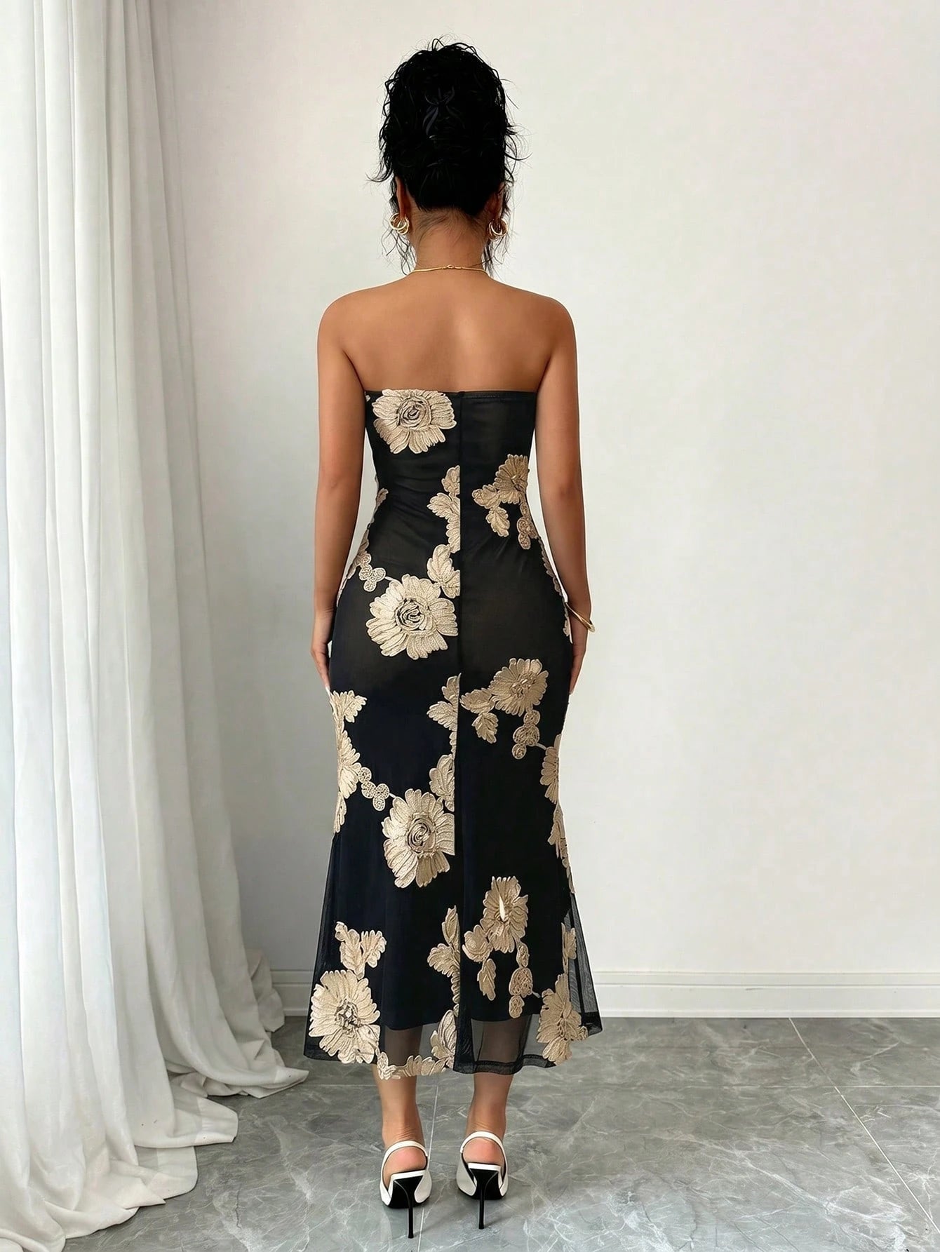 Rafferiza Vacation Style Mesh 3D Floral Strapless Dress For Women