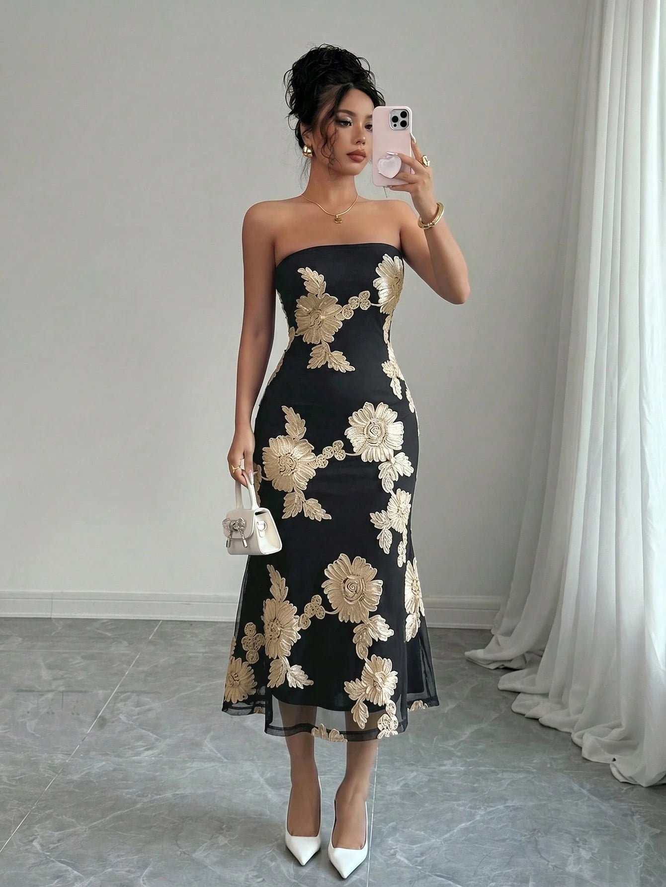 Rafferiza Vacation Style Mesh 3D Floral Strapless Dress For Women