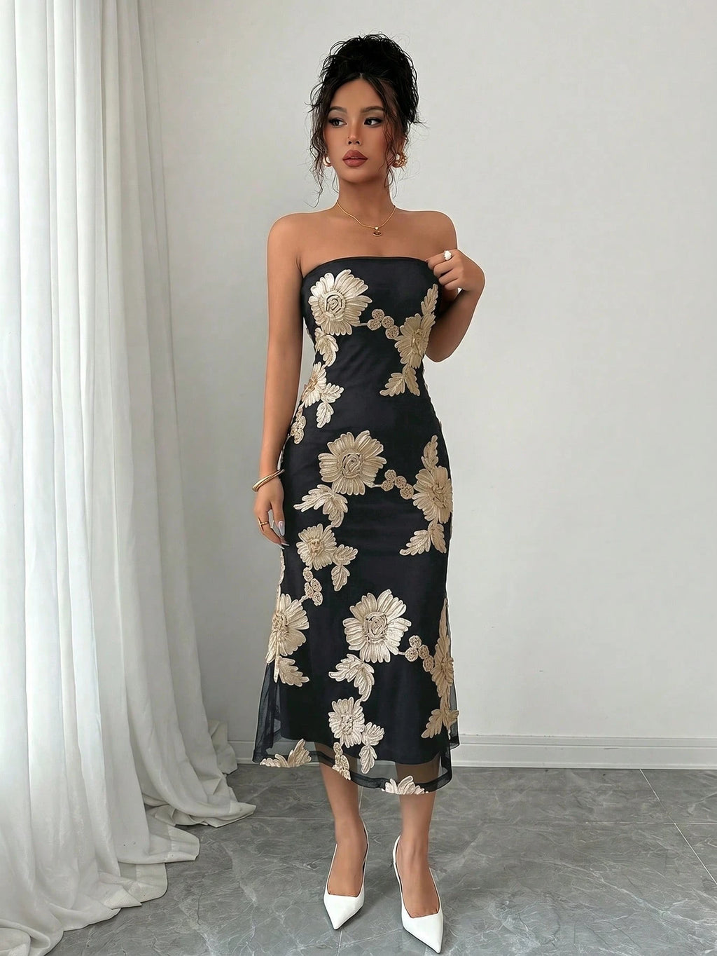 Rafferiza Vacation Style Mesh 3D Floral Strapless Dress For Women