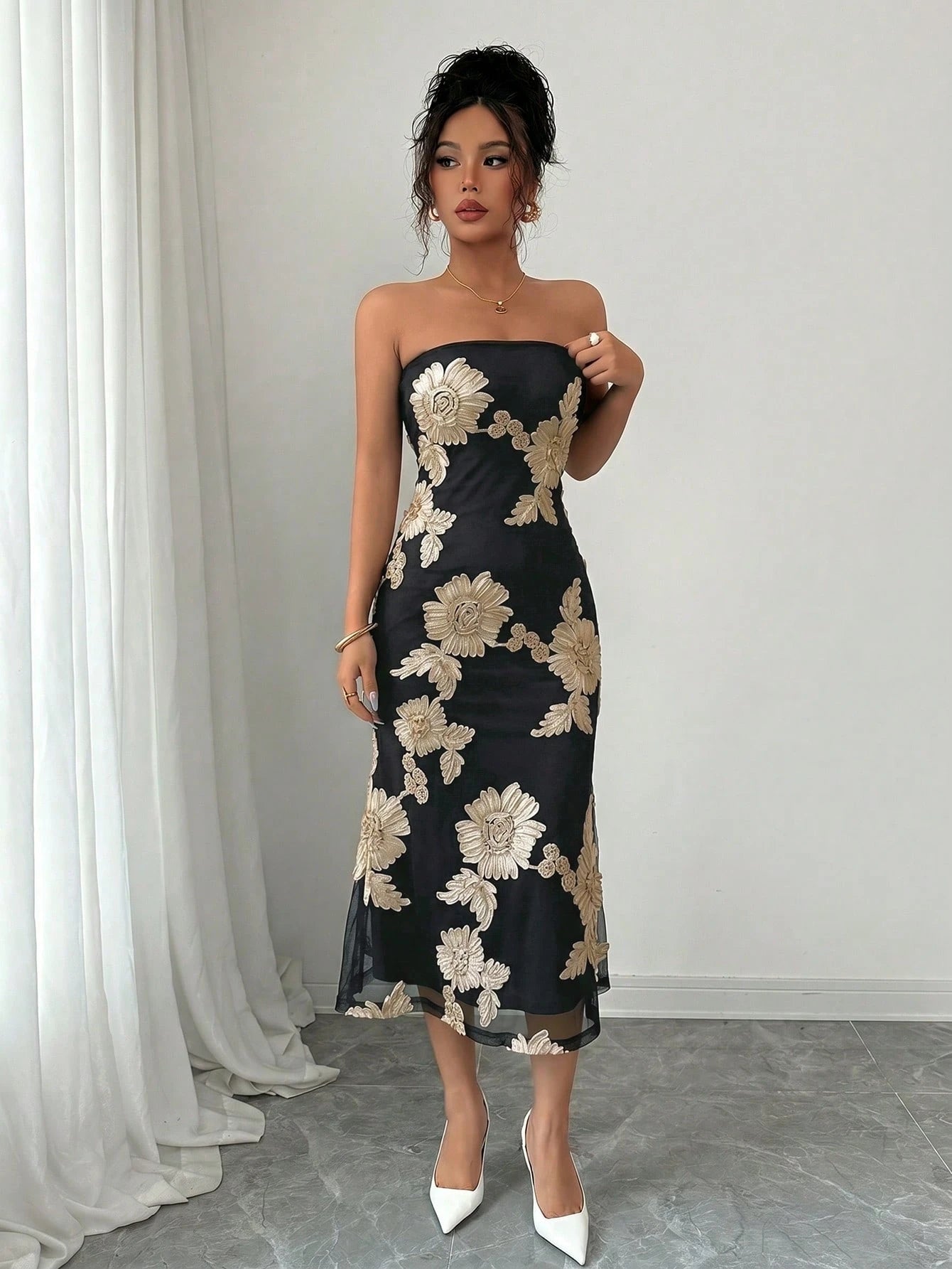 Rafferiza Vacation Style Mesh 3D Floral Strapless Dress For Women