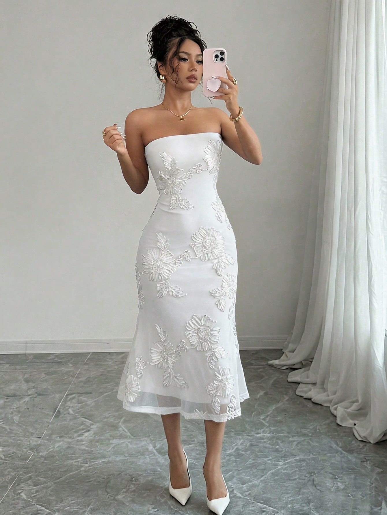 Rafferiza Vacation Style Mesh 3D Floral Strapless Dress For Women