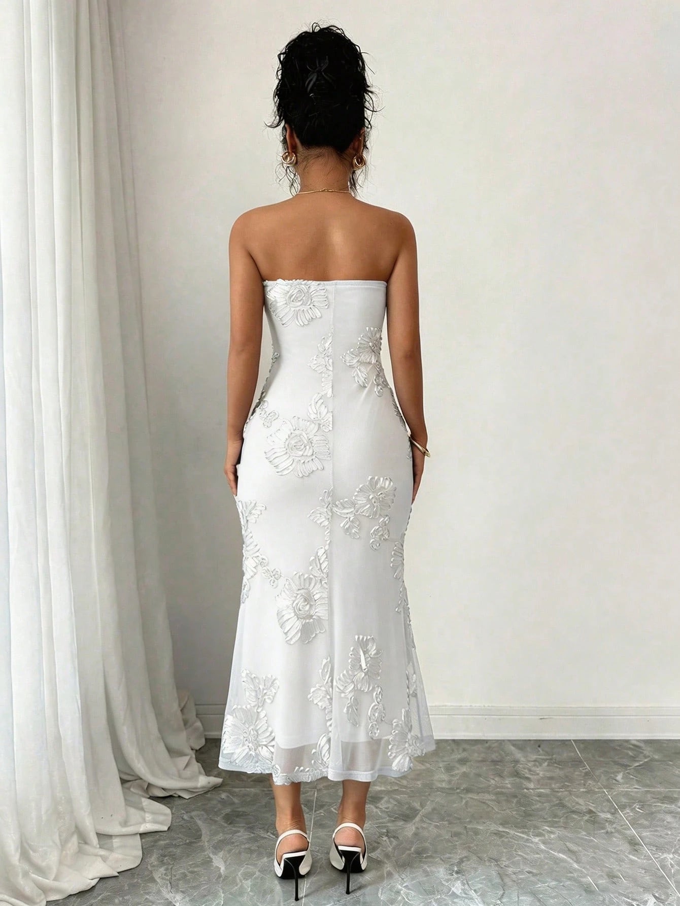 Rafferiza Vacation Style Mesh 3D Floral Strapless Dress For Women
