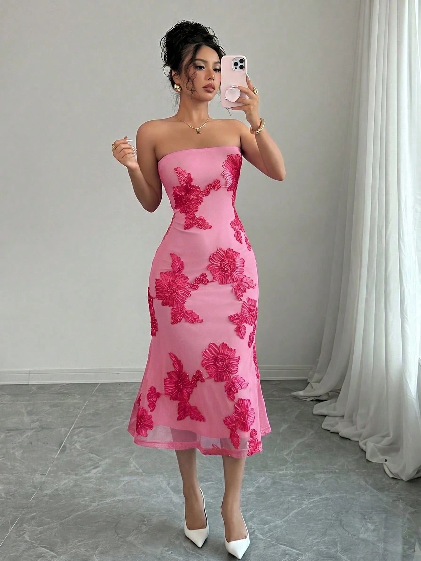 Rafferiza Vacation Style Mesh 3D Floral Strapless Dress For Women