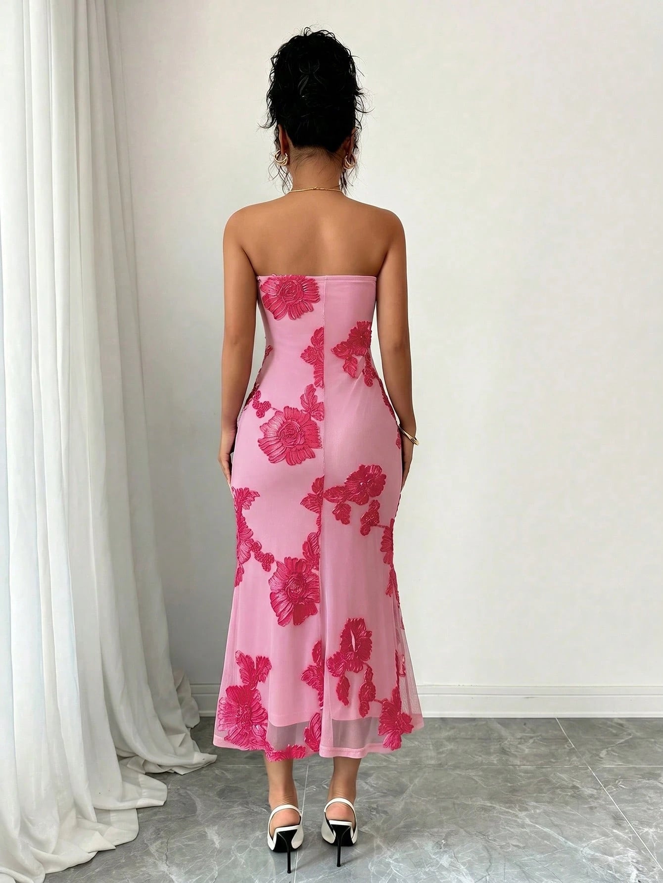 Rafferiza Vacation Style Mesh 3D Floral Strapless Dress For Women