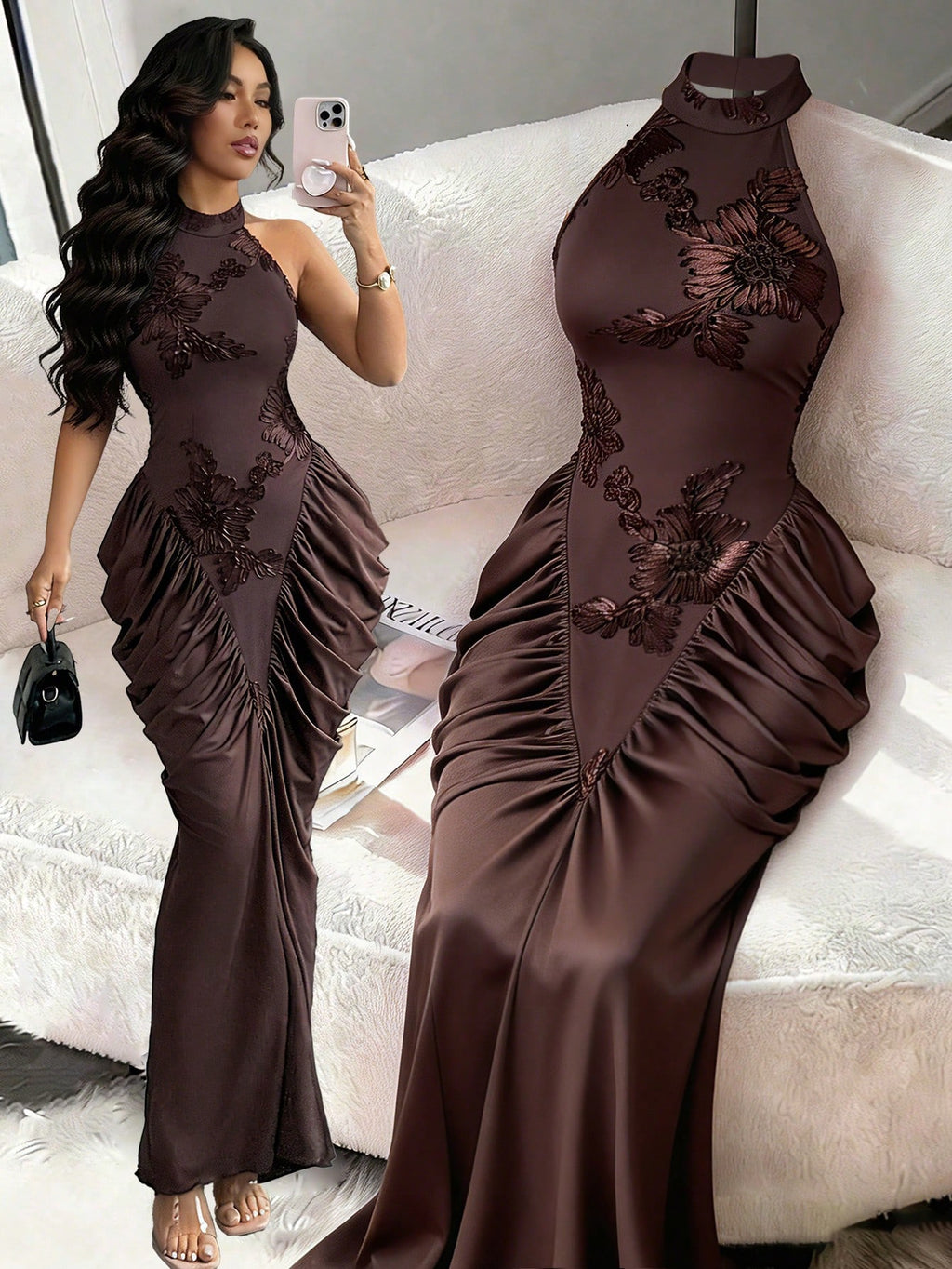 Modelyn Brown Mesh Jacquard Embroidered Backless Halter Neck Slim Fit