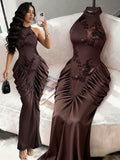 Modelyn Brown Mesh Jacquard Embroidered Backless Halter Neck Slim Fit