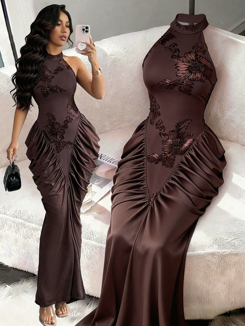 Modelyn Brown Mesh Jacquard Embroidered Backless Halter Neck Slim Fit Ruched Gathered Design Fashionable