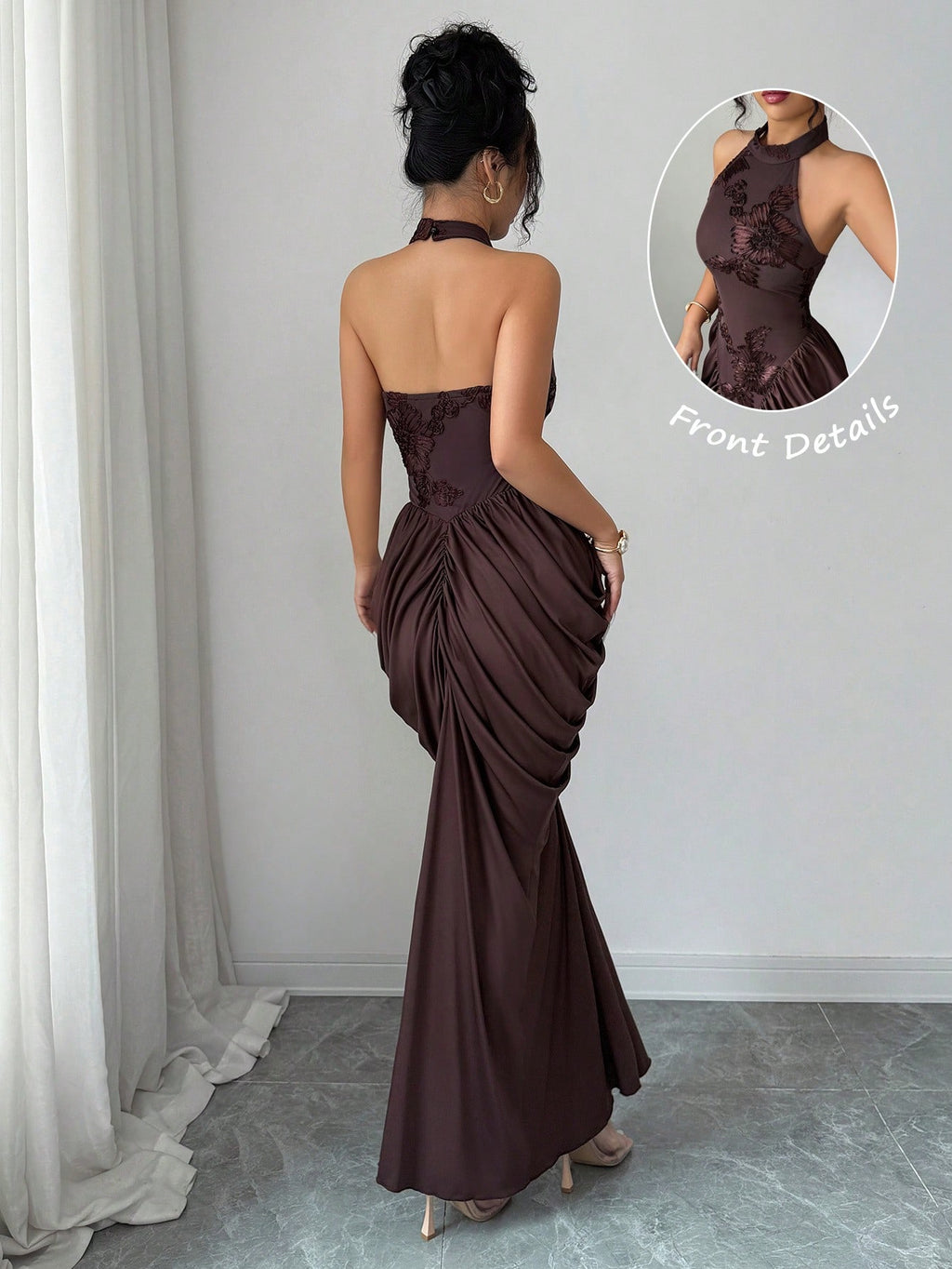 Modelyn Brown Mesh Jacquard Embroidered Backless Halter Neck Slim Fit