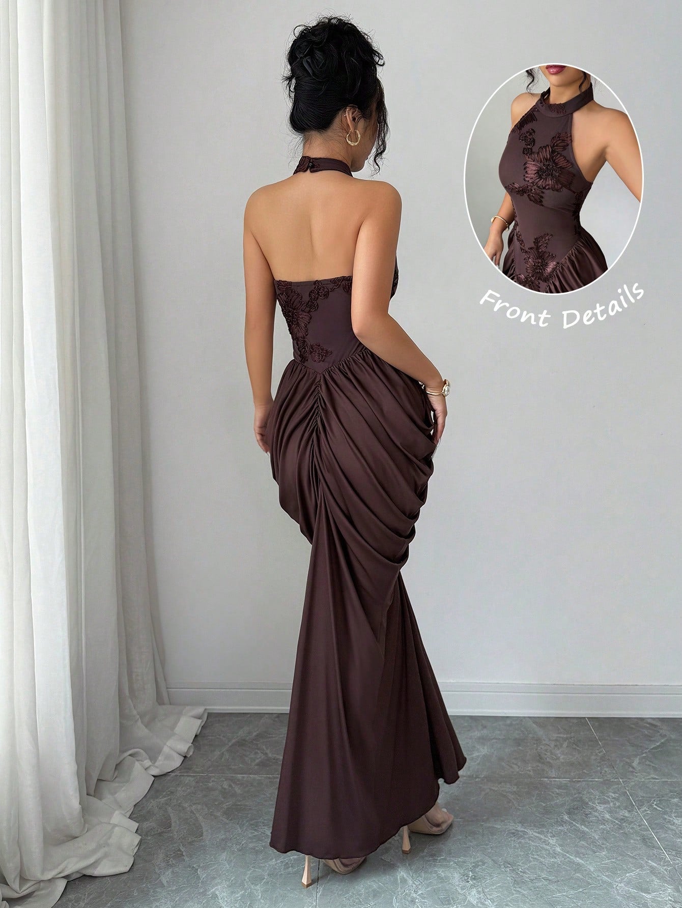 Modelyn Brown Mesh Jacquard Embroidered Backless Halter Neck Slim Fit
