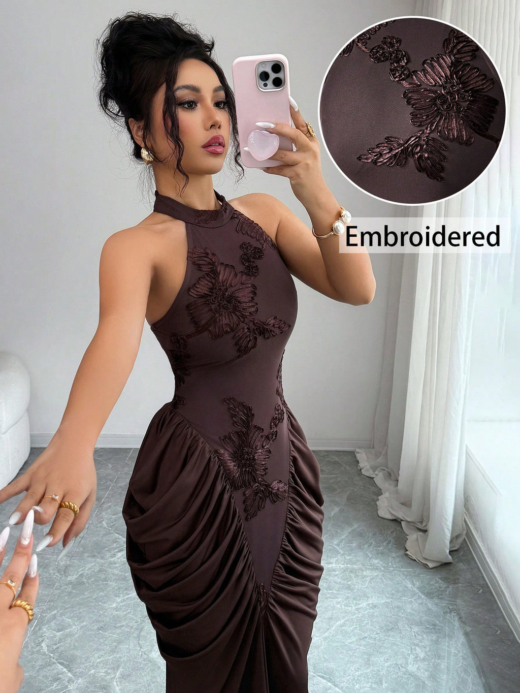 Modelyn Brown Mesh Jacquard Embroidered Backless Halter Neck Slim Fit