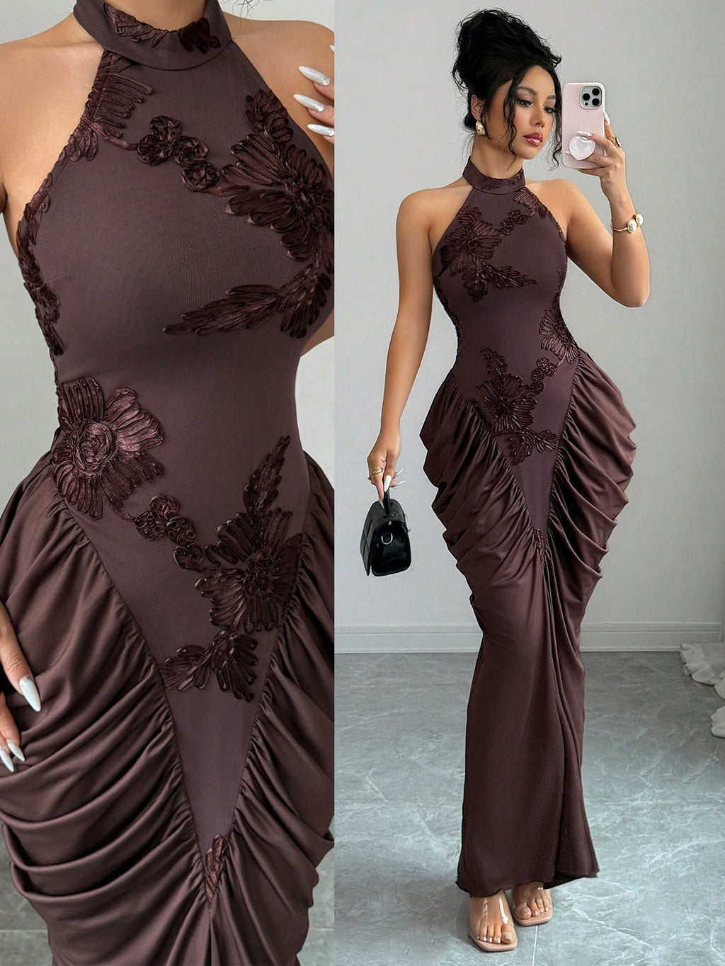 Modelyn Brown Mesh Jacquard Embroidered Backless Halter Neck Slim Fit