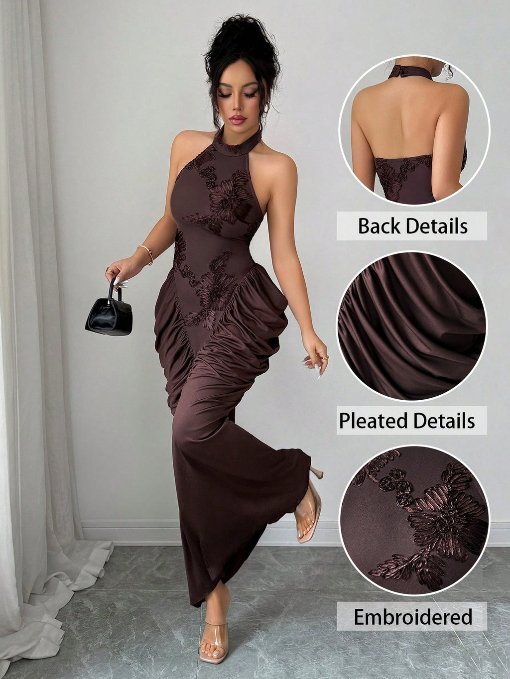 Modelyn Brown Mesh Jacquard Embroidered Backless Halter Neck Slim Fit