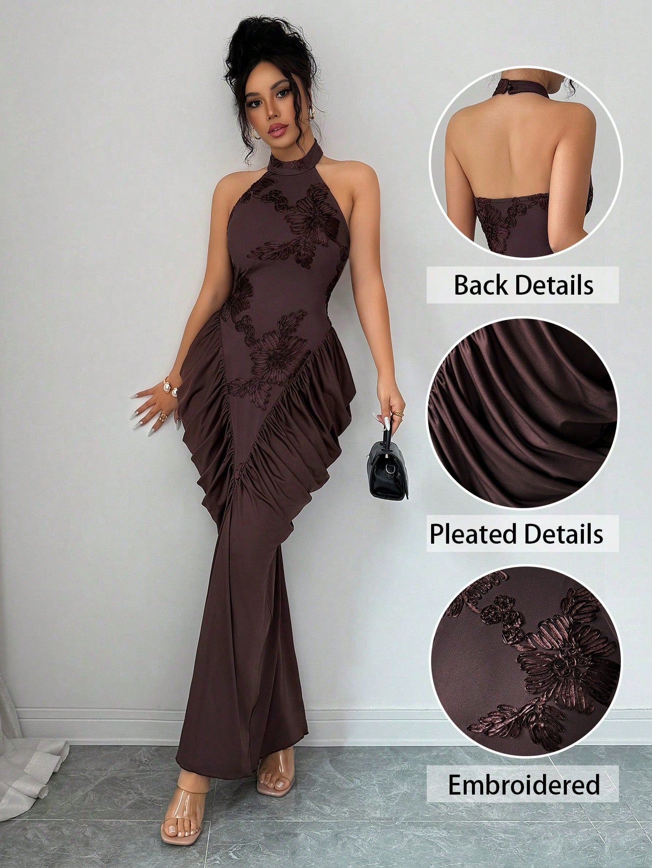 Modelyn Brown Mesh Jacquard Embroidered Backless Halter Neck Slim Fit