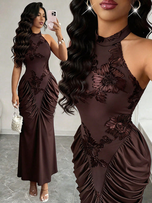 Modelyn Brown Mesh Jacquard Embroidered Backless Halter Neck Slim Fit Ruched Gathered Design Fashionable - image 2