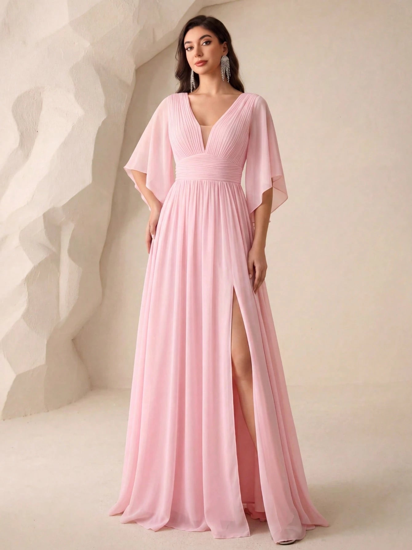 Butterfly Sleeve Split Thigh Chiffon Bridesmaid Dress Elegant Dress,