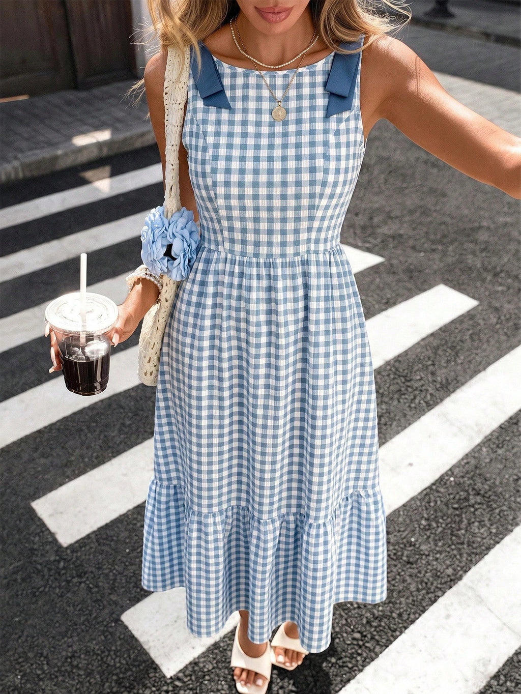 Pariaura Blue & White Plaid Contrast Strap Dress, Off-The-Shoulder