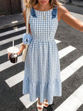 Pariaura Blue & White Plaid Contrast Strap Dress, Off-The-Shoulder