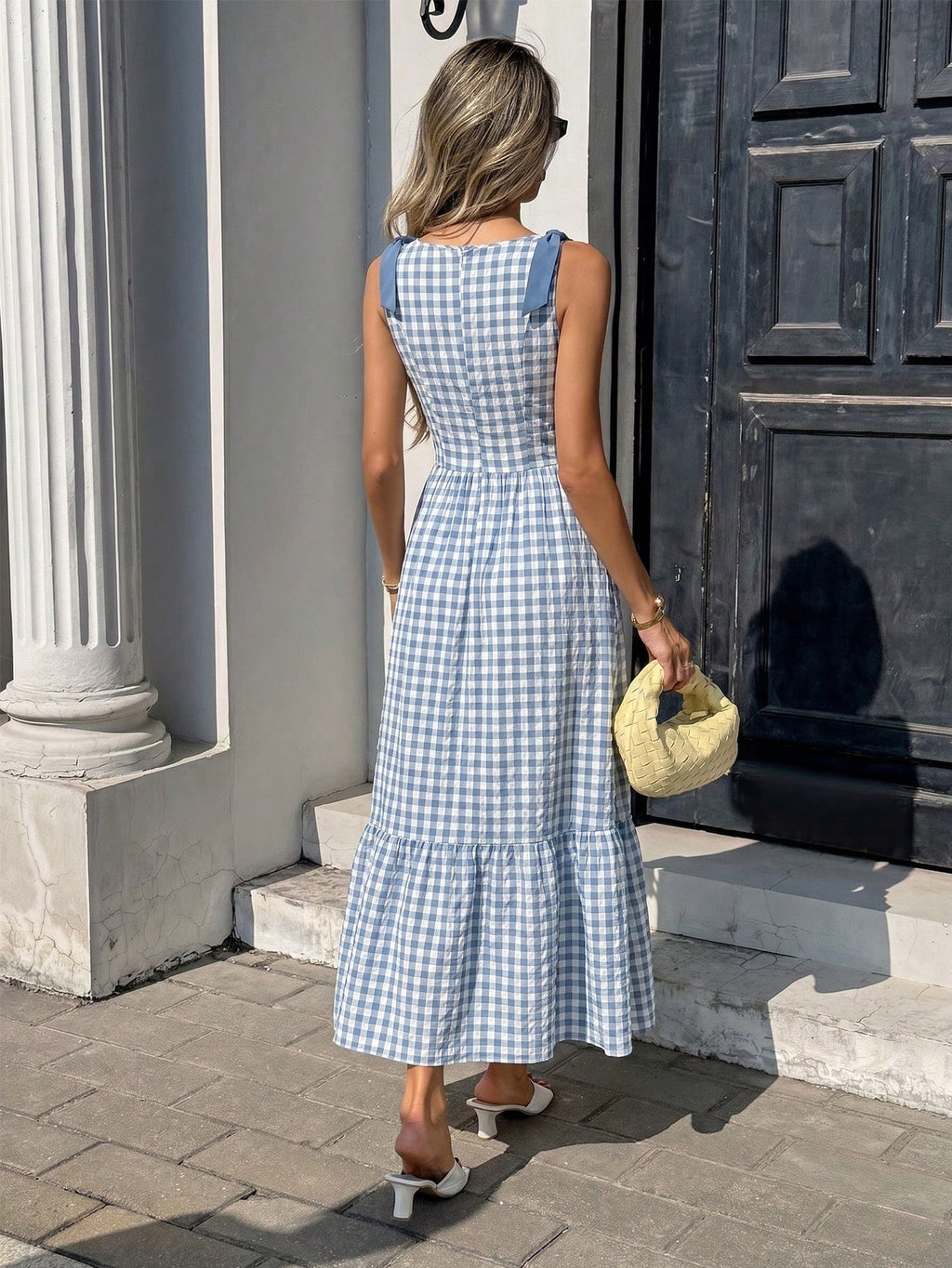 Pariaura Blue & White Plaid Contrast Strap Dress, Off-The-Shoulder