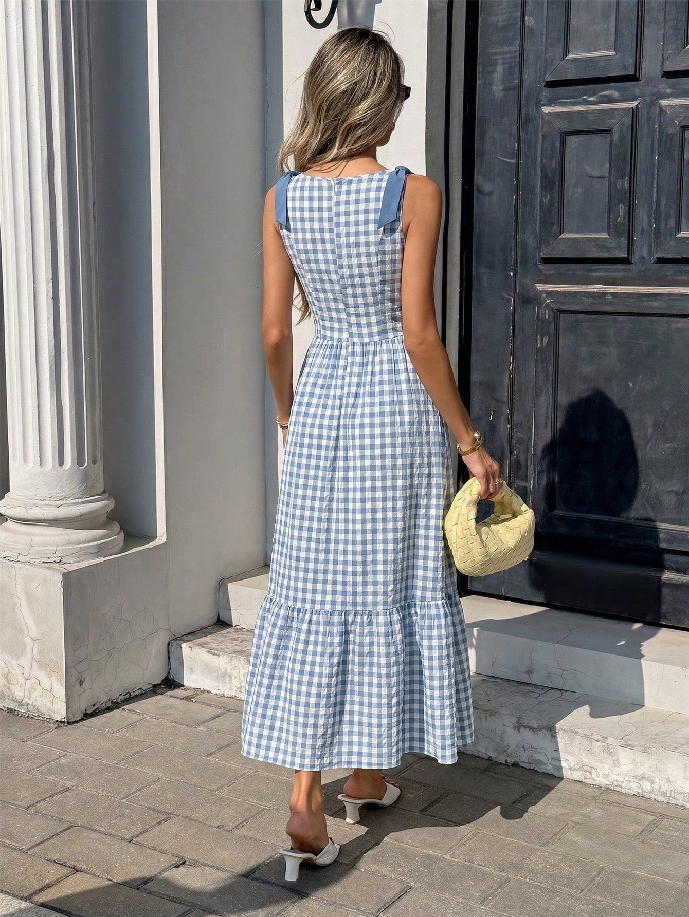 Pariaura Blue & White Plaid Contrast Strap Dress, Off-The-Shoulder