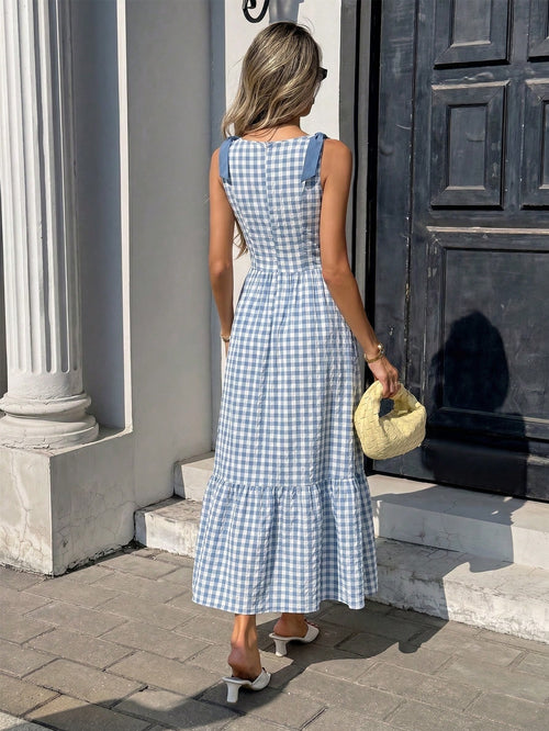Pariaura Blue & White Plaid Contrast Strap Dress, Off-The-Shoulder Neckline + Tiered Flared Hem, Fresh - image 2