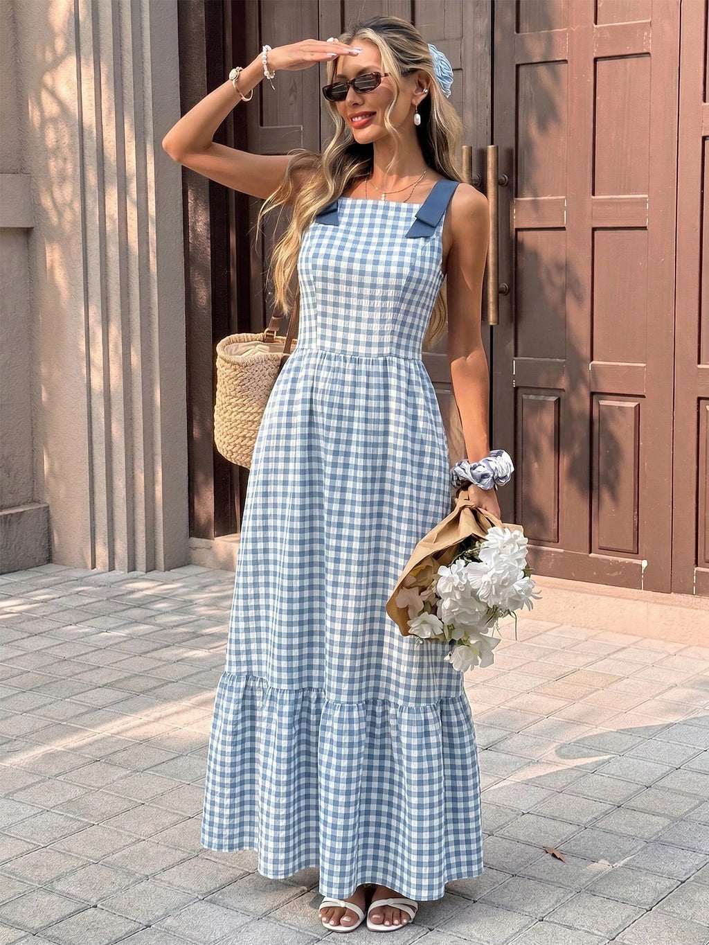 Pariaura Blue & White Plaid Contrast Strap Dress, Off-The-Shoulder