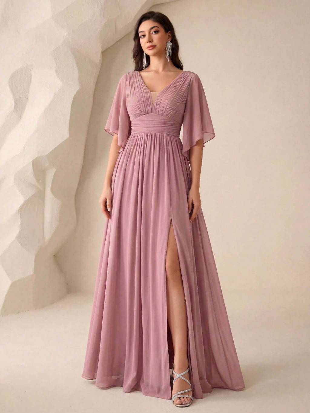 Butterfly Sleeve Split Thigh Chiffon Bridesmaid Dress Elegant Dress, Bride Dress Wedding