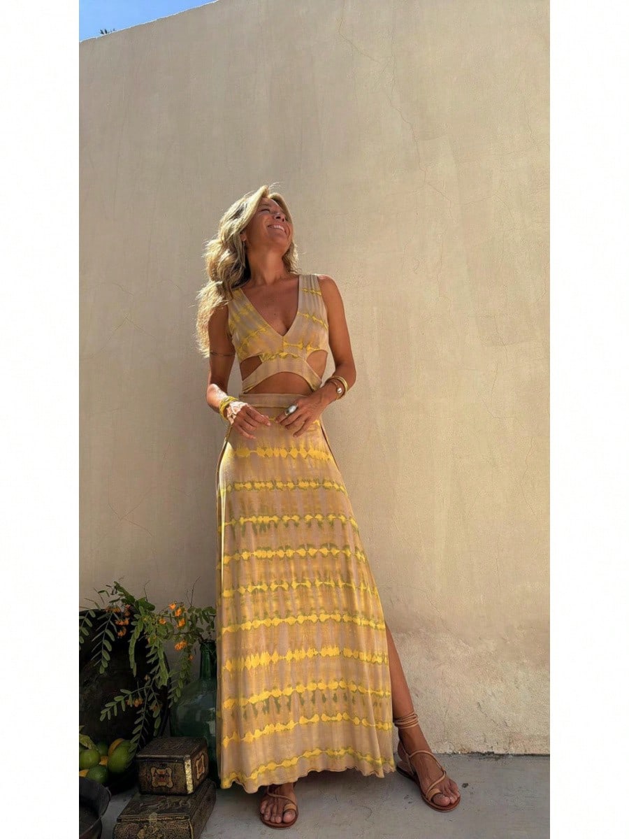 KZKZWK Tie-Dye Cutout Maxi Dress, Sleeveless V-Neck With Side Slit,