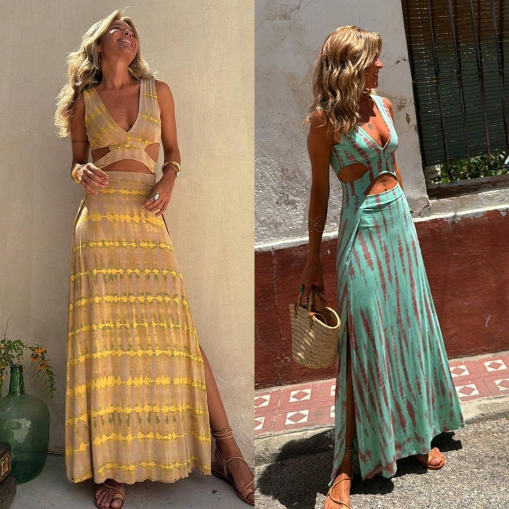 KZKZWK Tie-Dye Cutout Maxi Dress, Sleeveless V-Neck With Side Slit,