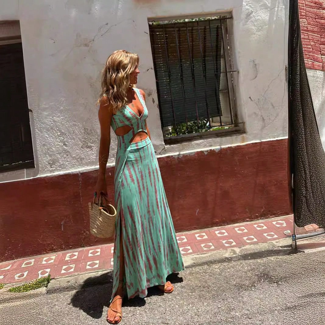 KZKZWK Tie-Dye Cutout Maxi Dress, Sleeveless V-Neck With Side Slit,