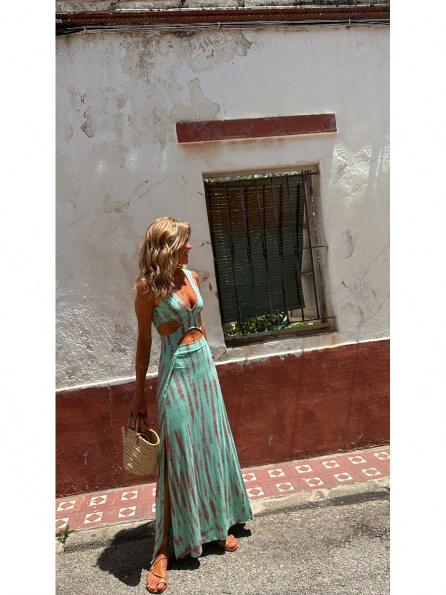 KZKZWK Tie-Dye Cutout Maxi Dress, Sleeveless V-Neck With Side Slit,