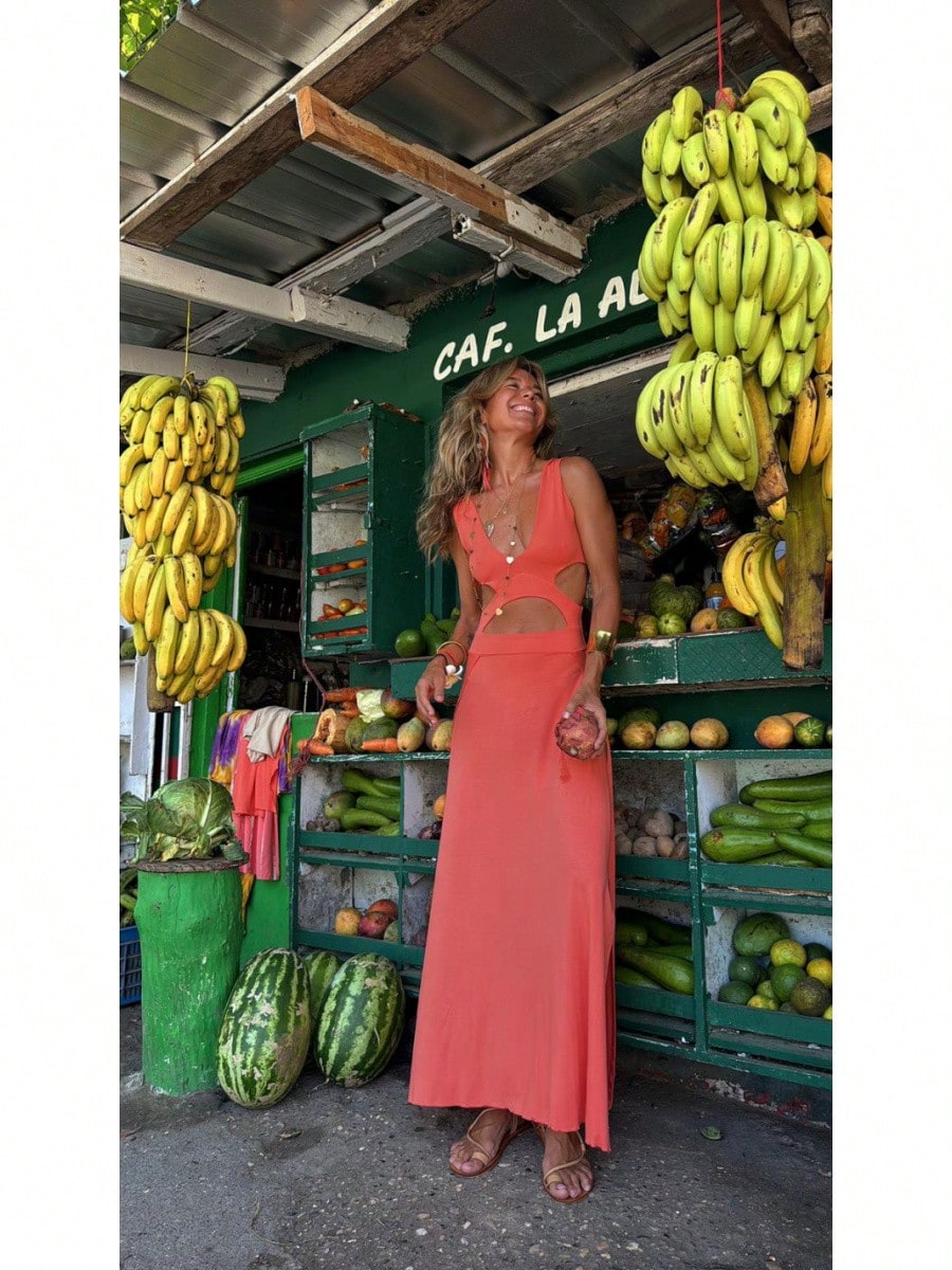KZKZWK Tie-Dye Cutout Maxi Dress, Sleeveless V-Neck With Side Slit,